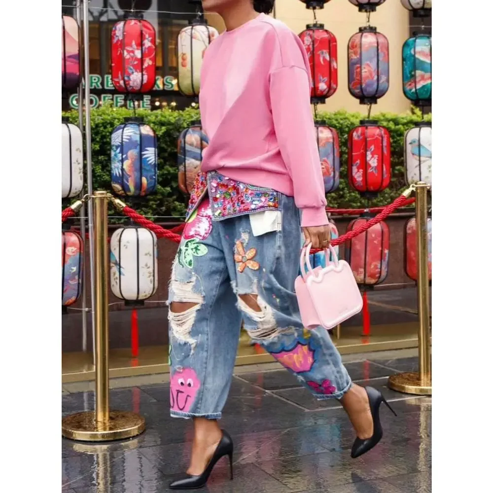 High Waist Wide Leg Rhinestone Flower Horseshoe Ripped Loose Cropped Jeans - Picture 2 of 3